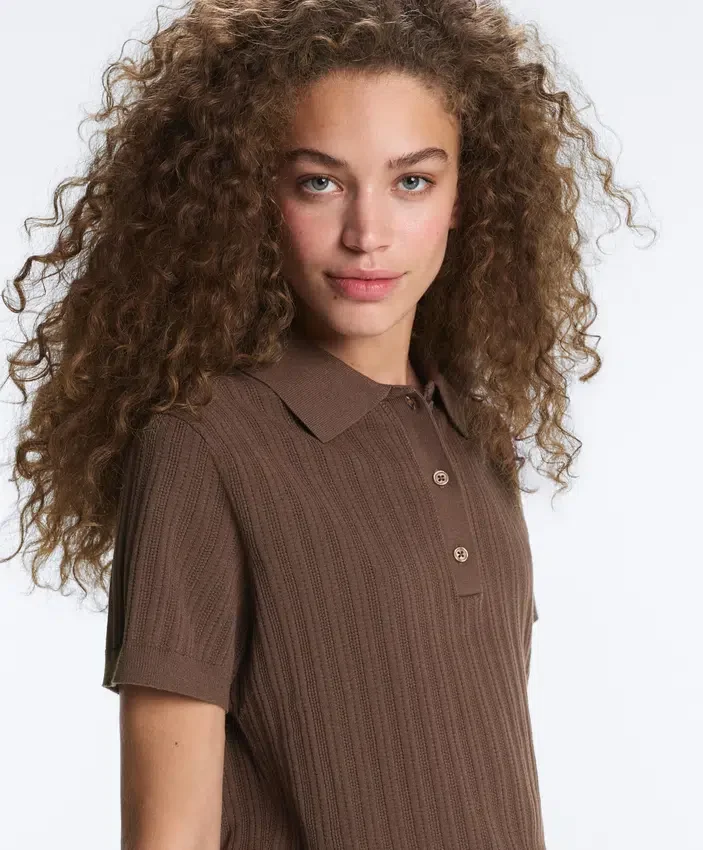 Cămășă de polo cu mâneci scurte din tricot ajurat Cămășă de polo cu mâneci scurte din tricot ajurat