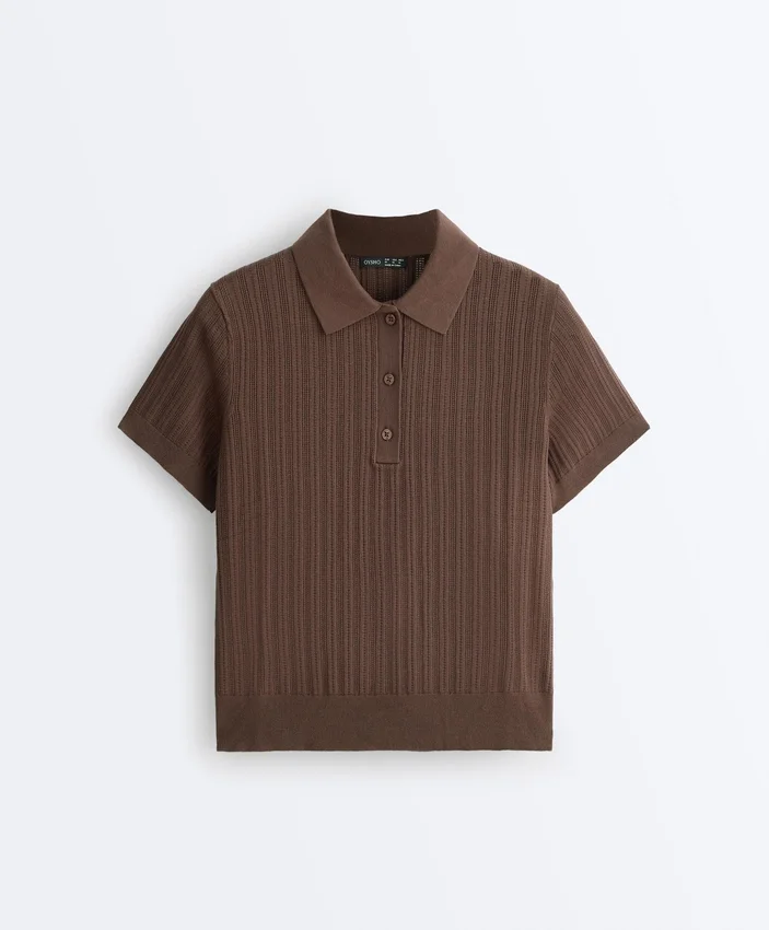 Cămășă de polo cu mâneci scurte din tricot ajurat Cămășă de polo cu mâneci scurte din tricot ajurat