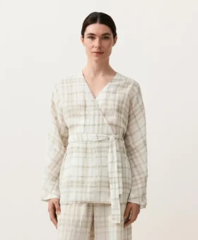 Cămășă kimono din amestec de in și lyocell cu imprimeu în carouri Cămășă kimono din amestec de in și lyocell cu imprimeu în carouri