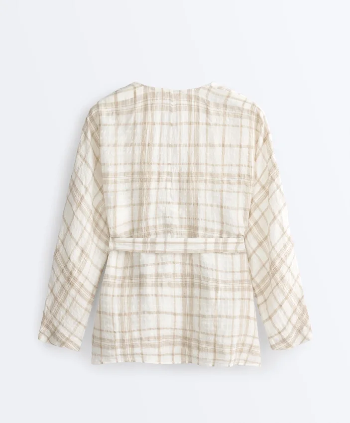 Cămășă kimono din amestec de in și lyocell cu imprimeu în carouri Cămășă kimono din amestec de in și lyocell cu imprimeu în carouri