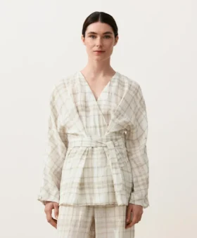 Cămășă kimono din amestec de in și lyocell cu imprimeu în carouri Cămășă kimono din amestec de in și lyocell cu imprimeu în carouri