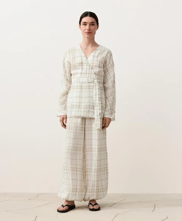 Cămășă kimono din amestec de in și lyocell cu imprimeu în carouri Cămășă kimono din amestec de in și lyocell cu imprimeu în carouri