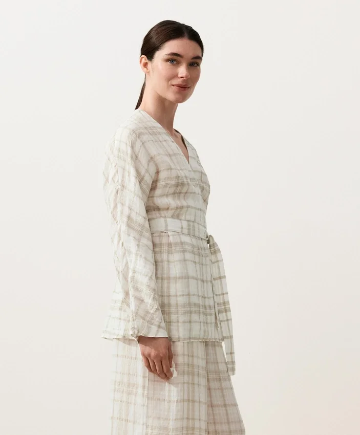 Cămășă kimono din amestec de in și lyocell cu imprimeu în carouri Cămășă kimono din amestec de in și lyocell cu imprimeu în carouri