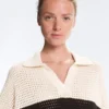 Cămășă polo cu mâneci lungi din bumbac 100%, cu tricotaj deschis în dungi Cămășă polo cu mâneci lungi din bumbac 100%, cu tricotaj deschis în dungi