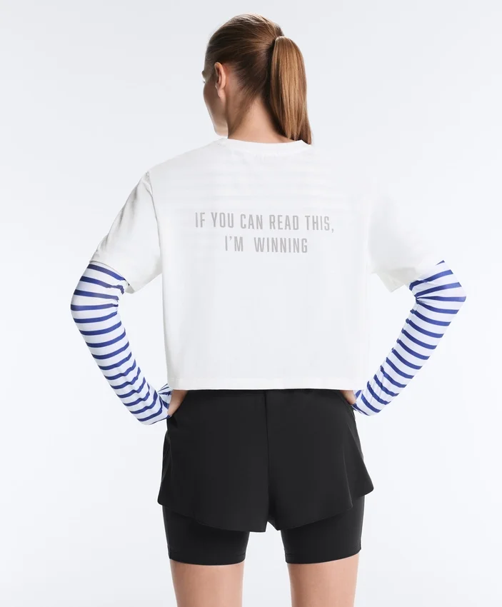 Cămășă scurtă, dreptă, din amestec de bumbac, cu slogan Cămășă scurtă, dreptă, din amestec de bumbac, cu slogan