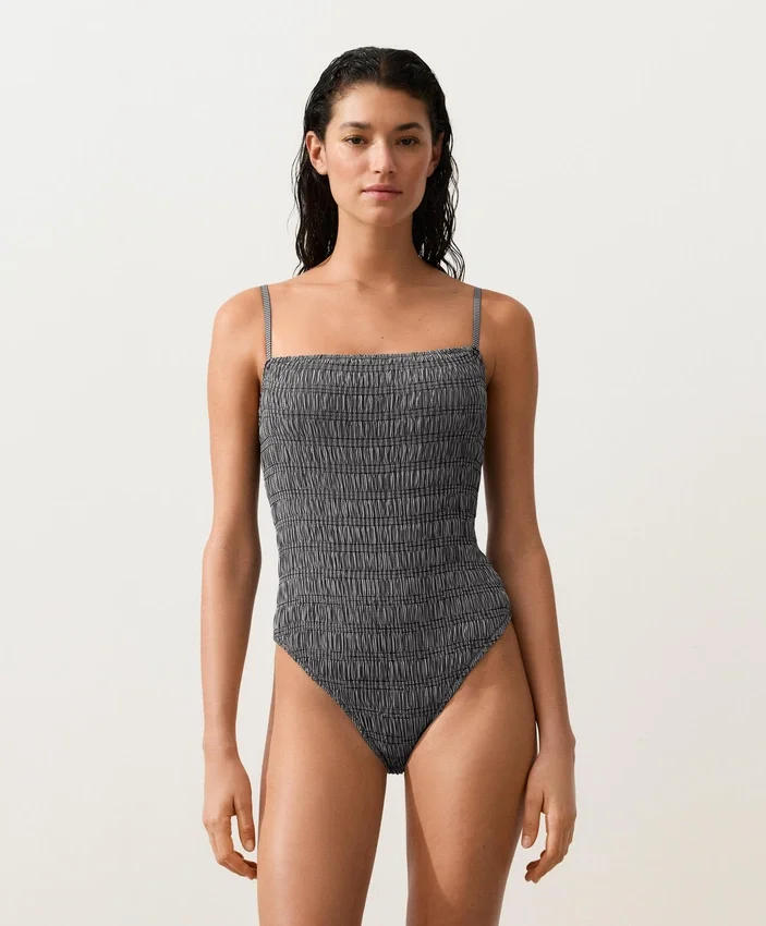 Costume de baie bandeau din țesătură smock cu imprimeu în carouri Costume de baie bandeau din țesătură smock cu imprimeu în carouri