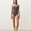 Costume de baie bandeau din țesătură smock cu imprimeu în carouri Costume de baie bandeau din țesătură smock cu imprimeu în carouri