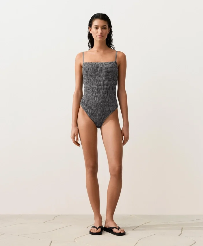 Costume de baie bandeau din țesătură smock cu imprimeu în carouri Costume de baie bandeau din țesătură smock cu imprimeu în carouri