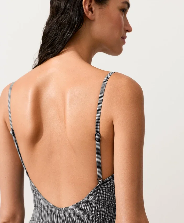 Costume de baie bandeau din țesătură smock cu imprimeu în carouri Costume de baie bandeau din țesătură smock cu imprimeu în carouri