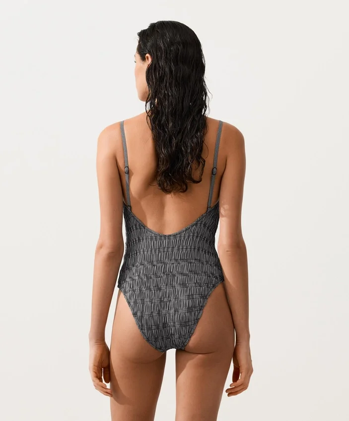 Costume de baie bandeau din țesătură smock cu imprimeu în carouri Costume de baie bandeau din țesătură smock cu imprimeu în carouri