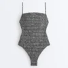 Costume de baie bandeau din țesătură smock cu imprimeu în carouri Costume de baie bandeau din țesătură smock cu imprimeu în carouri