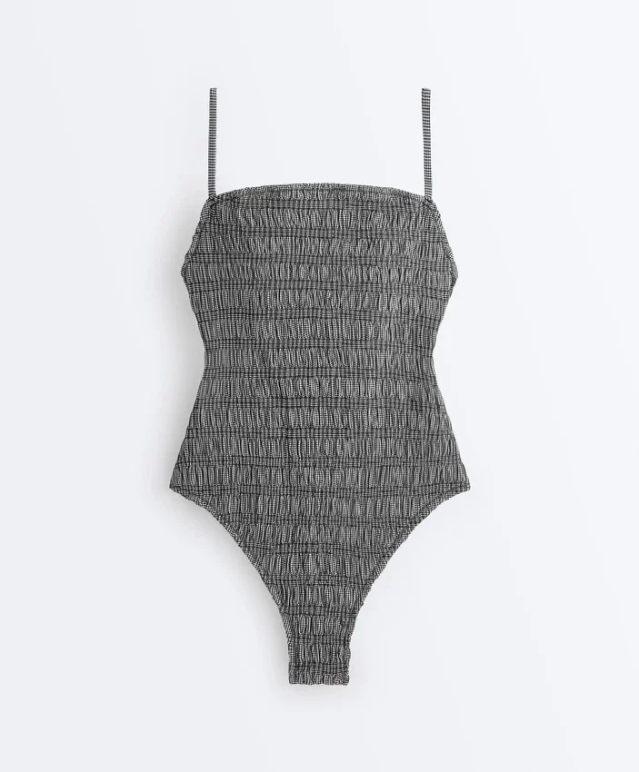 Costume de baie bandeau din țesătură smock cu imprimeu în carouri Costume de baie bandeau din țesătură smock cu imprimeu în carouri