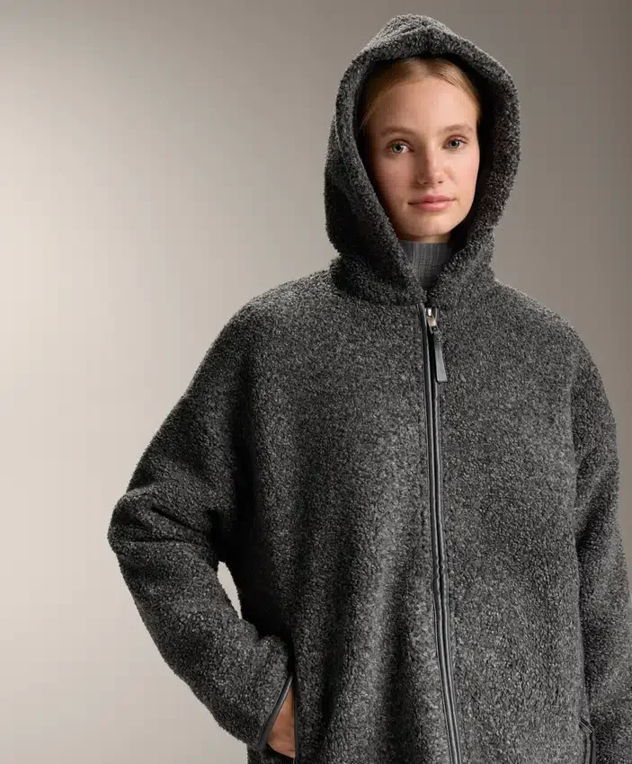 Geci oversize din imitație de geci din piele de oaie, cu glugă căptușită cu blană artificială Geci oversize din imitație de geci din piele de oaie, cu glugă căptușită cu blană artificială