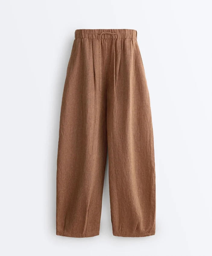 Pantaloni balon din in 100% cu imprimeu în dungi Pantaloni balon din in 100% cu imprimeu în dungi