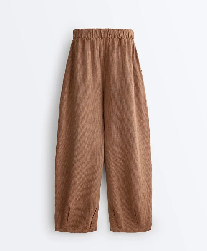 Pantaloni balon din in 100% cu imprimeu în dungi Pantaloni balon din in 100% cu imprimeu în dungi