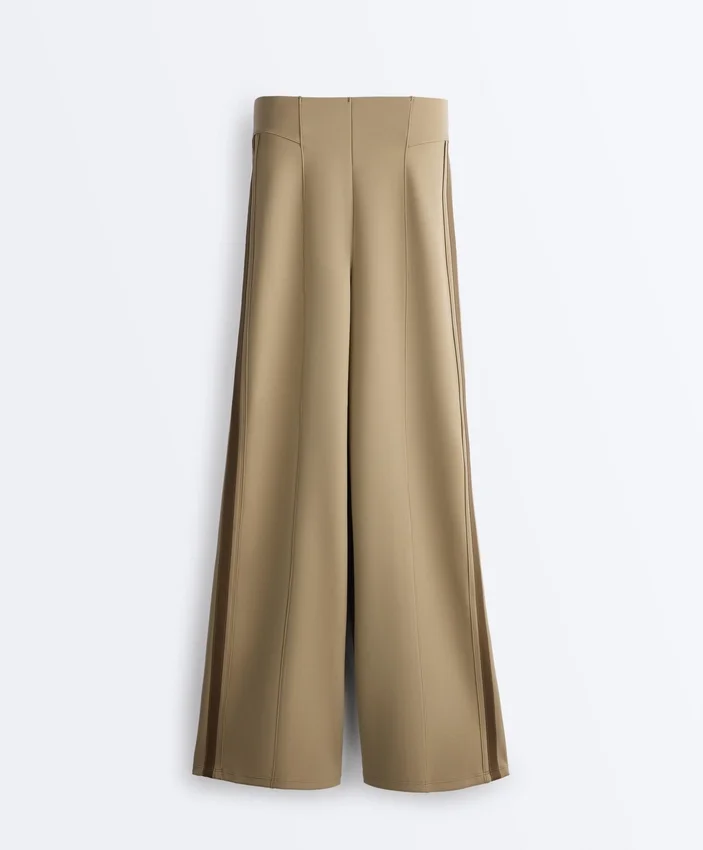 Pantaloni cu croi drept, cu talie înaltă, cu efect de neopren și bordură Pantaloni cu croi drept, cu talie înaltă, cu efect de neopren și bordură