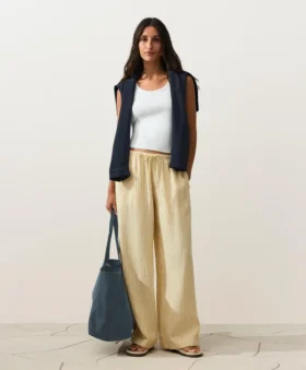 Pantaloni cu croi drept din in 100% cu imprimeu în dungi