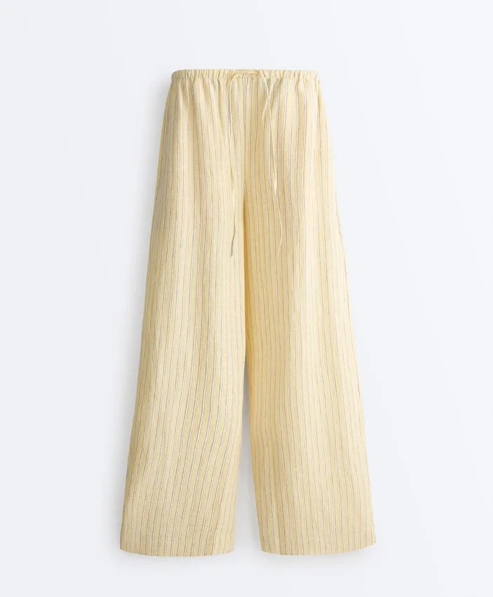 Pantaloni cu croi drept din in 100% cu imprimeu în dungi Pantaloni cu croi drept din in 100% cu imprimeu în dungi