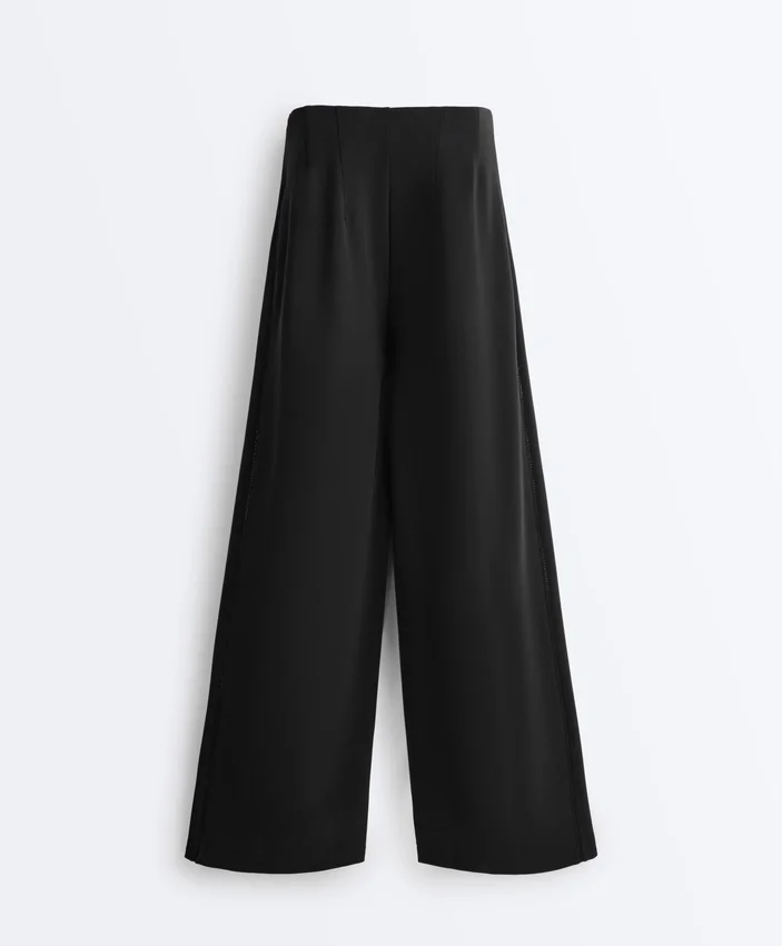 Pantaloni cu croi larg, din modal Soft Touch și cu tiv ajurat Pantaloni cu croi larg, din modal Soft Touch și cu tiv ajurat