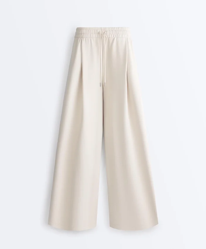 Pantaloni cu croi larg, din piqué plisat, cu bumbac Pantaloni cu croi larg, din piqué plisat, cu bumbac