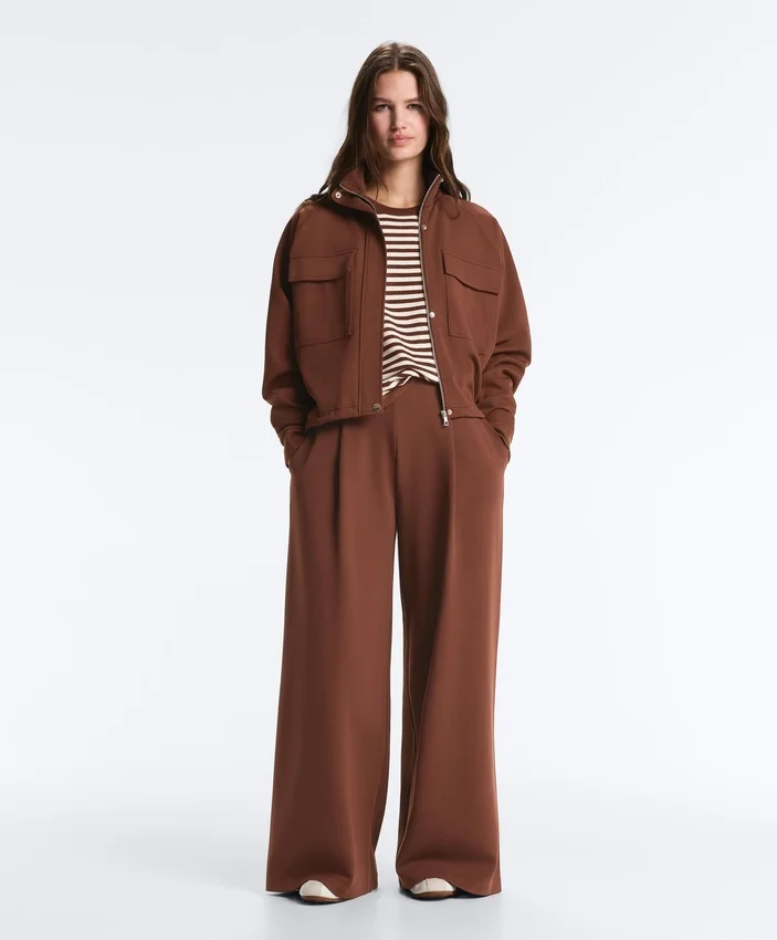 Pantaloni cu croi larg și talie înaltă din bumbac piqué Pantaloni cu croi larg și talie înaltă din bumbac piqué