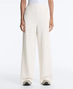 Pantaloni cu talie înaltă, croi larg și dungi fine, cu textură Soft Touch Pantaloni cu talie înaltă, croi larg și dungi fine, cu textură Soft Touch