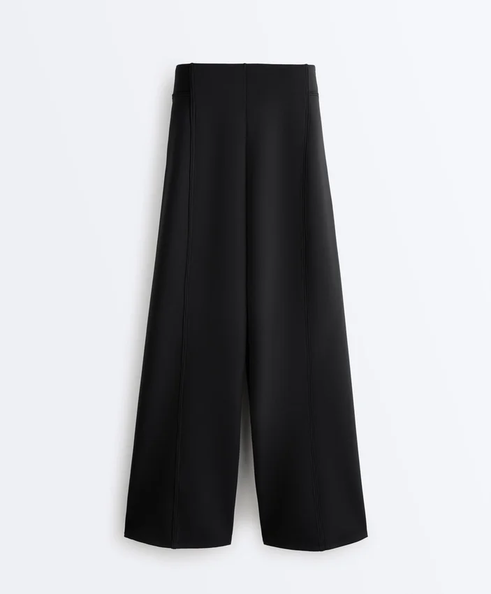 Pantaloni cu talie înaltă și croi larg, cu efect de neopren Pantaloni cu talie înaltă și croi larg, cu efect de neopren