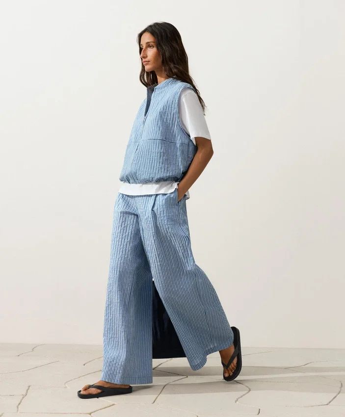 Pantaloni drepți cu dungi din amestec de bumbac Pantaloni drepți cu dungi din amestec de bumbac