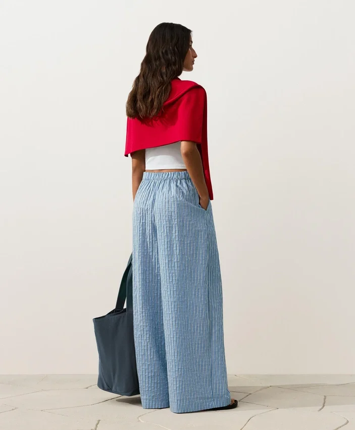 Pantaloni drepți cu dungi din amestec de bumbac Pantaloni drepți cu dungi din amestec de bumbac