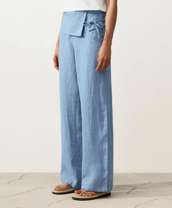 Pantaloni drepți din 100% in, cu talie cu revărsat Pantaloni drepți din 100% in, cu talie cu revărsat