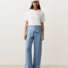 Pantaloni drepți din 100% in, cu talie cu revărsat Pantaloni drepți din 100% in, cu talie cu revărsat