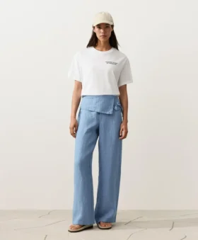 Pantaloni drepți din 100% in, cu talie cu revărsat