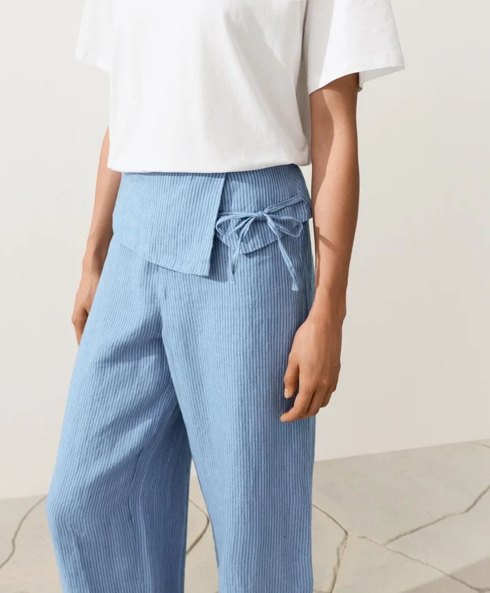 Pantaloni drepți din 100% in, cu talie cu revărsat Pantaloni drepți din 100% in, cu talie cu revărsat