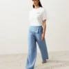 Pantaloni drepți din 100% in, cu talie cu revărsat Pantaloni drepți din 100% in, cu talie cu revărsat