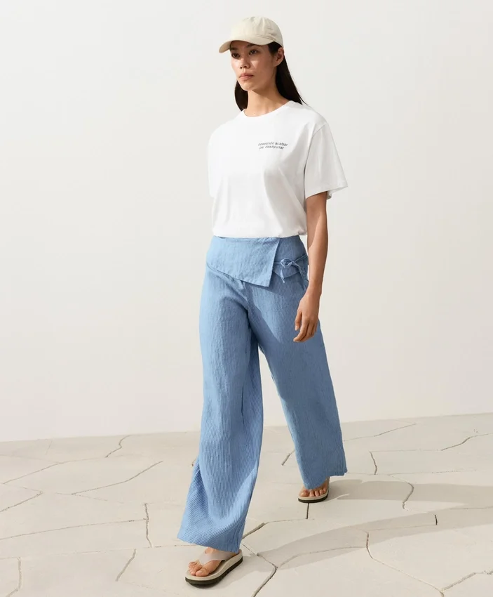Pantaloni drepți din 100% in, cu talie cu revărsat Pantaloni drepți din 100% in, cu talie cu revărsat