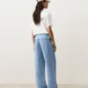Pantaloni drepți din 100% in, cu talie cu revărsat Pantaloni drepți din 100% in, cu talie cu revărsat