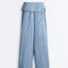 Pantaloni drepți din 100% in, cu talie cu revărsat Pantaloni drepți din 100% in, cu talie cu revărsat