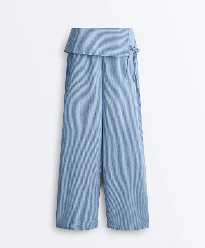 Pantaloni drepți din 100% in, cu talie cu revărsat Pantaloni drepți din 100% in, cu talie cu revărsat