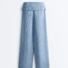 Pantaloni drepți din 100% in, cu talie cu revărsat Pantaloni drepți din 100% in, cu talie cu revărsat