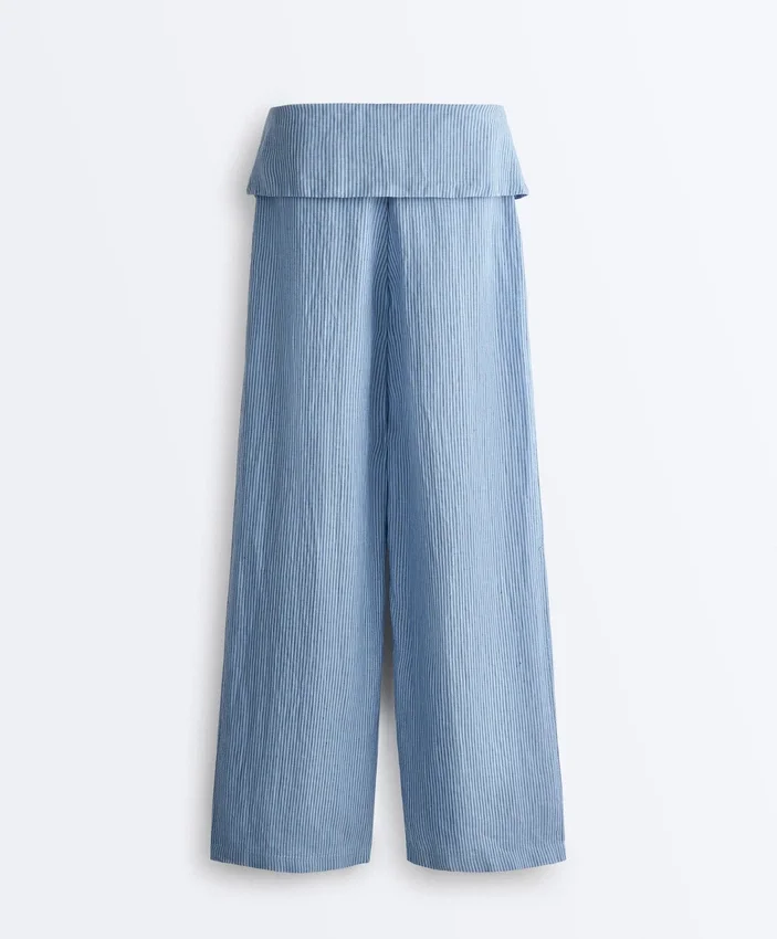 Pantaloni drepți din 100% in, cu talie cu revărsat Pantaloni drepți din 100% in, cu talie cu revărsat