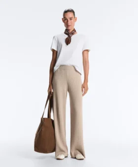 Pantaloni drepți din tricot cu nervuri