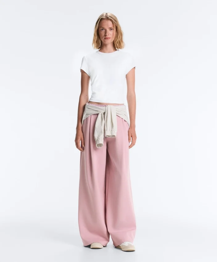 Pantaloni drepți plisați din bumbac piqué Pantaloni drepți plisați din bumbac piqué