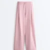 Pantaloni drepți plisați din bumbac piqué Pantaloni drepți plisați din bumbac piqué