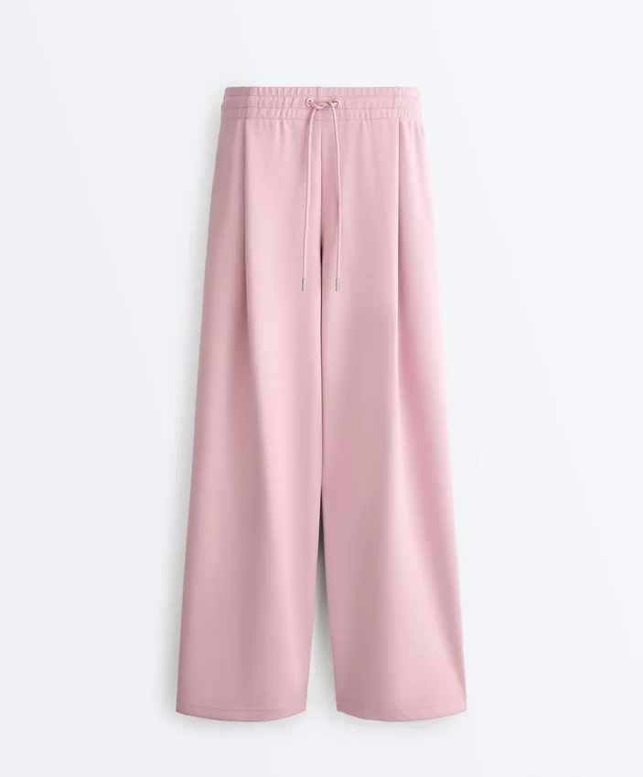 Pantaloni drepți plisați din bumbac piqué Pantaloni drepți plisați din bumbac piqué