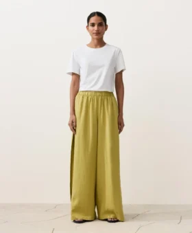 Pantaloni largi din 100% in, cu pli lateral