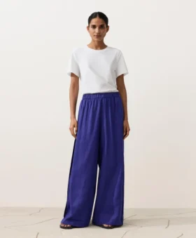 Pantaloni largi din 100% in, cu pli lateral
