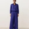 Pantaloni largi din 100% in, cu pli lateral