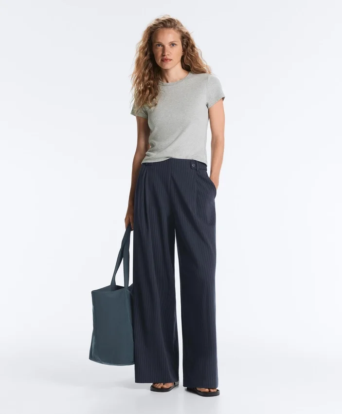 Pantaloni largi din bumbac piqué cu dungi Pantaloni largi din bumbac piqué cu dungi
