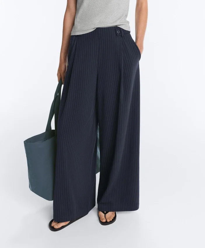 Pantaloni largi din bumbac piqué cu dungi Pantaloni largi din bumbac piqué cu dungi
