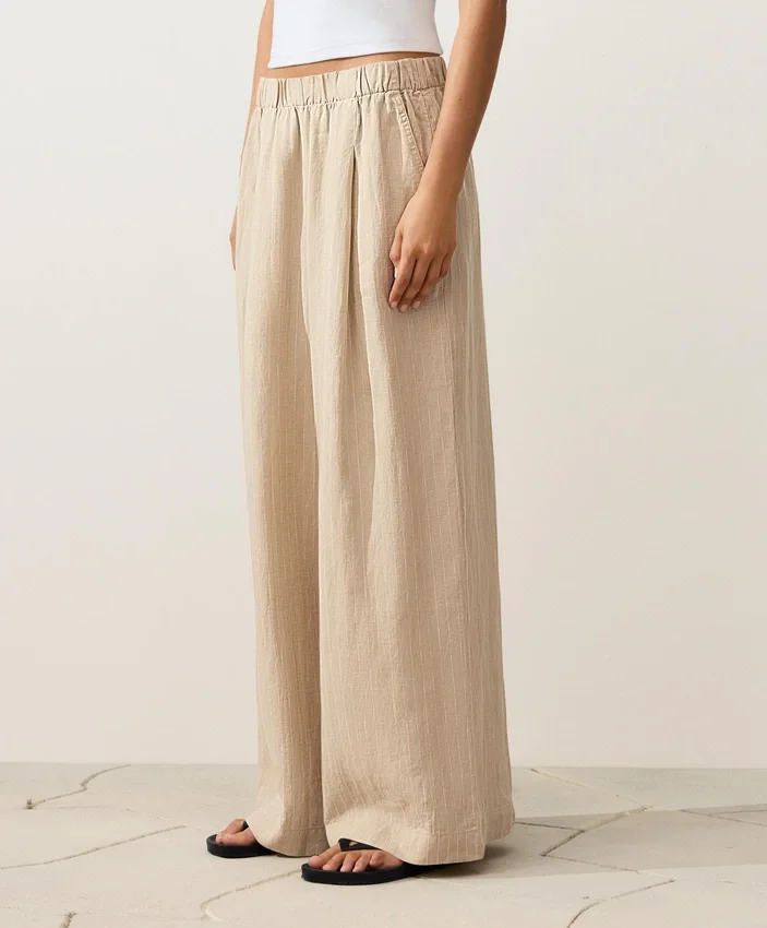 Pantaloni largi din in 100% cu dungi Pantaloni largi din in 100% cu dungi